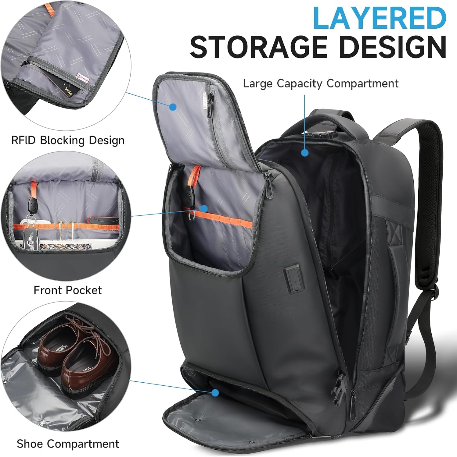 Carry On Backpack,17.3' Travel Backpack with Shoe Compartment,50L Wheeled Backpack Carry On Luggage,Laptop Compartment & USB Charging Port & TSA Approved Lock for Business,Black