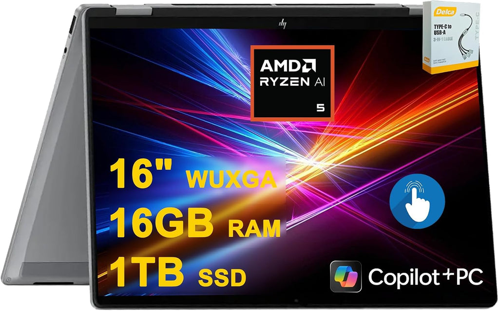 HP OmniBook X Flip AI PC 2-in-1 Laptop | 16' WUXGA Touch (400nits) | AMD 6-core Ryzen AI 5 340 (Up to 50 Tops) | 16GB DDR5 1TB SSD | Backlit 5MP IR Privacy Camera Win11Pro w/DLCA Accessory