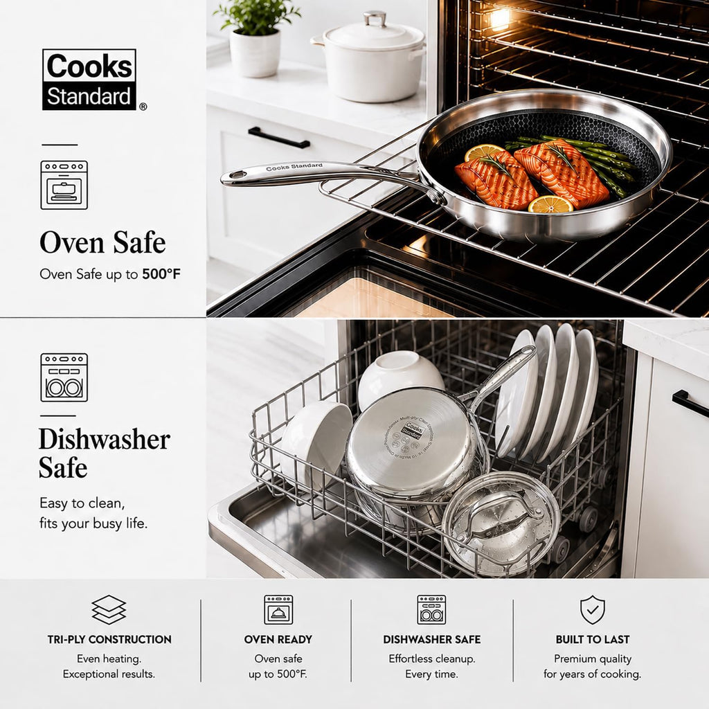 Cooks Standard 12-Piece Multi-Ply Clad Stainless Steel Cookware Set | Includes Nonstick Fry Pan, Saucepan, Steamer & Stockpot with Lid. Aluminum Core for Even Heat. Oven & Dishwasher Safe
