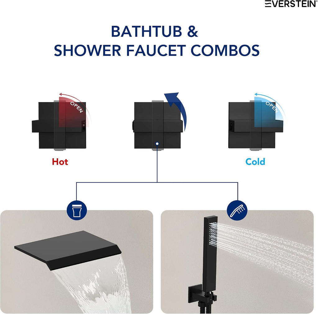 Wall Mounted Waterfall Bathtub Shower Faucet Set, 3 Handle Bathroom Shower Fixtures Set Combo with Tub Spout & Handheld Spray, Matte Black