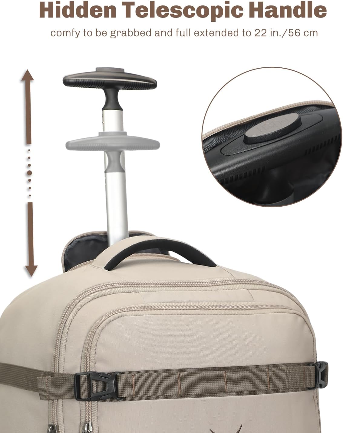 Hynes Eagle Rolling Backpack 42L Backpack with Wheels Airline Approved Carry on Luggage Laptop Travel Suitcase Bag for Women Men Khaki