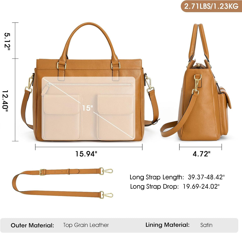 Kattee Leather Briefcase for Women, 15 Inches Laptop Bag, Work Tote with Luggage/Shoulder Strap