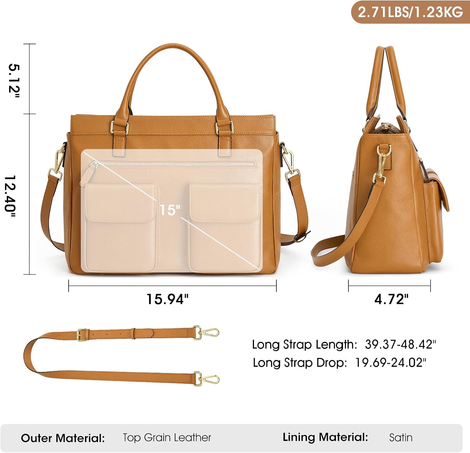Kattee Leather Briefcase for Women, 15 Inches Laptop Bag, Work Tote with Luggage/Shoulder Strap