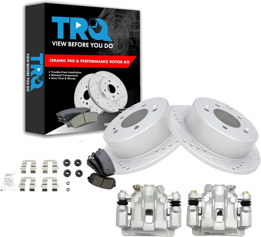 TRQ Performance Rear Brake Pad and Rotor Set Ceramic Solid G Coated Rotors Calipers Compatible with 2010-2013 Kia Forte Forte Koup