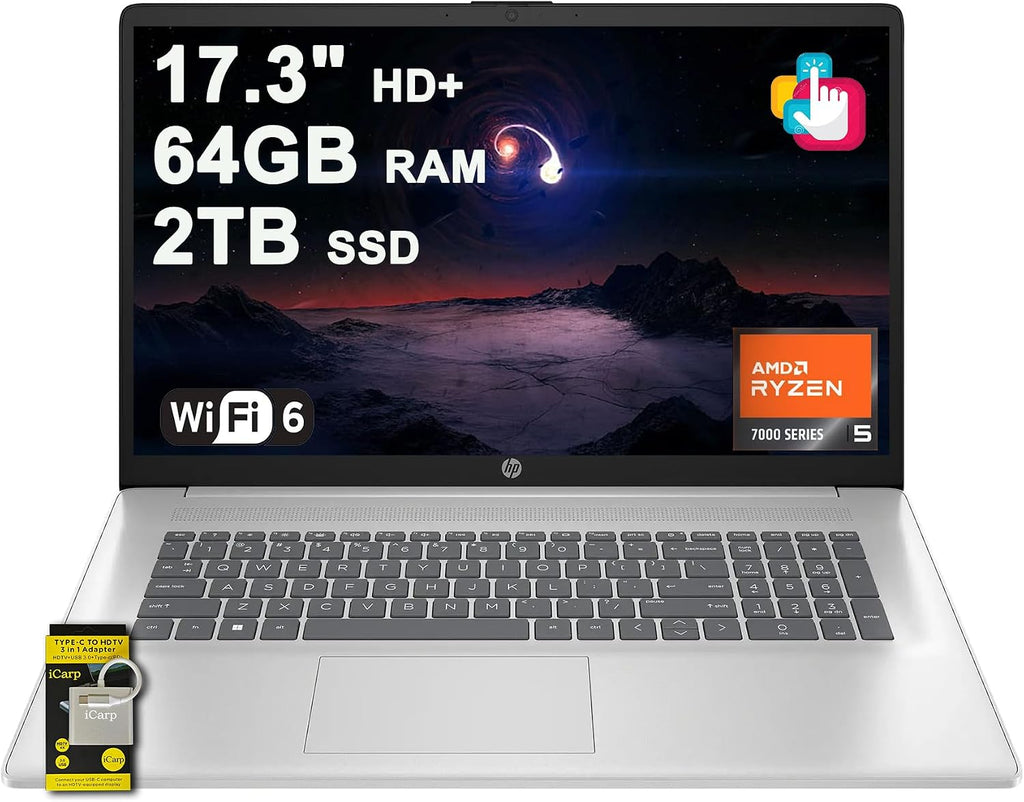 HP 17 Business Laptop 17.3' HD+ Touchscreen AMD 6-core Ryzen 5 7430U (Beats i7-1255U) 64GB RAM 2TB SSD Type-C Fast Charge Long-Lasting Battery Win11 ICP Hub