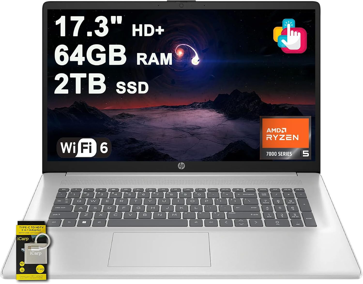 HP 17 Business Laptop 17.3' HD+ Touchscreen AMD 6-core Ryzen 5 7430U (Beats i7-1255U) 64GB RAM 2TB SSD Type-C Fast Charge Long-Lasting Battery Win11 ICP Hub