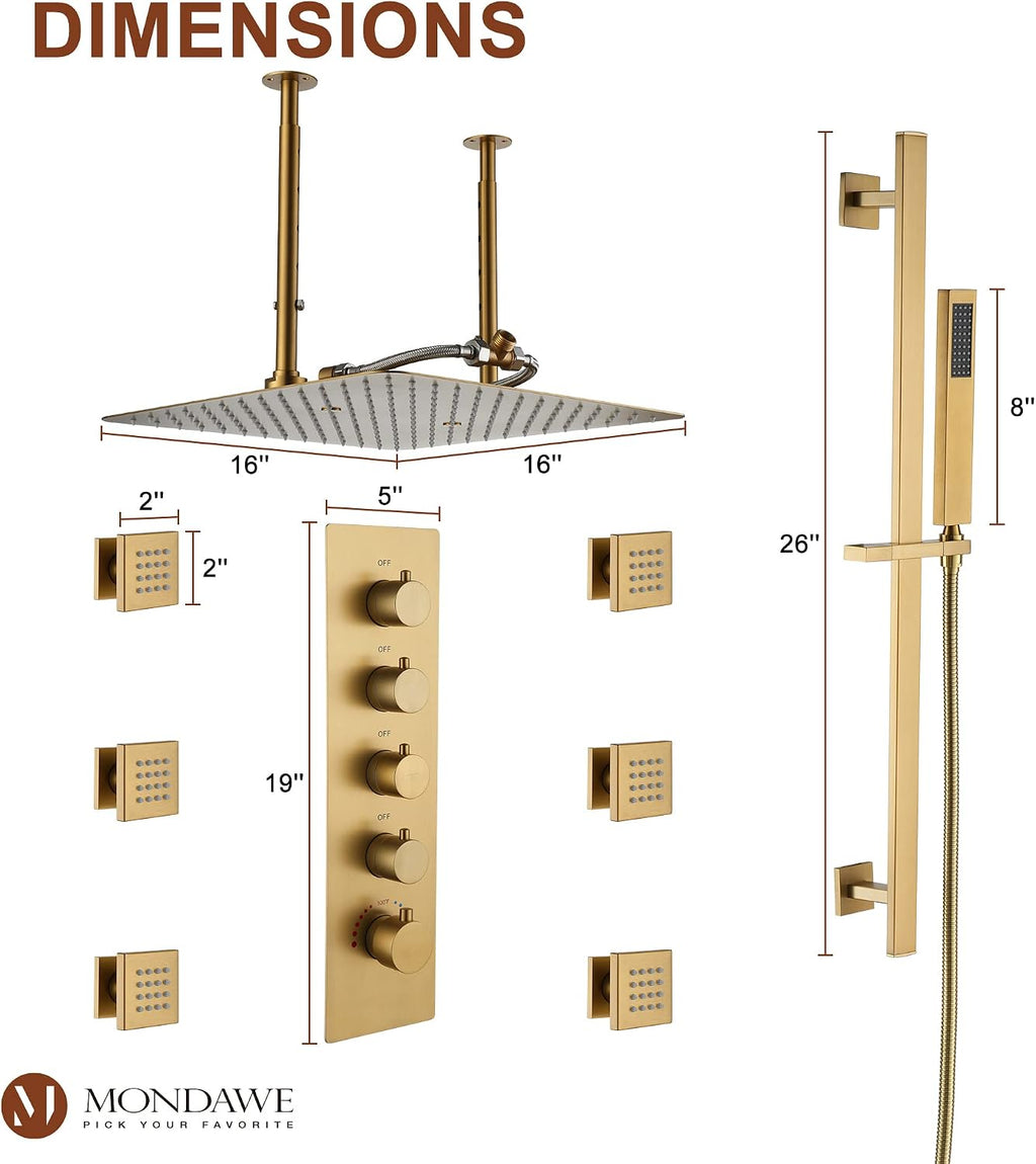MONDAWE 16 Inch Thermostatic Shower System in Brushed Gold, Ceiling Mounted Rain and Mist Shower Head with Handheld Spray and 6 Body Jets, High Pressure Bathroom Shower Faucet Set, Solid Brass Valve
