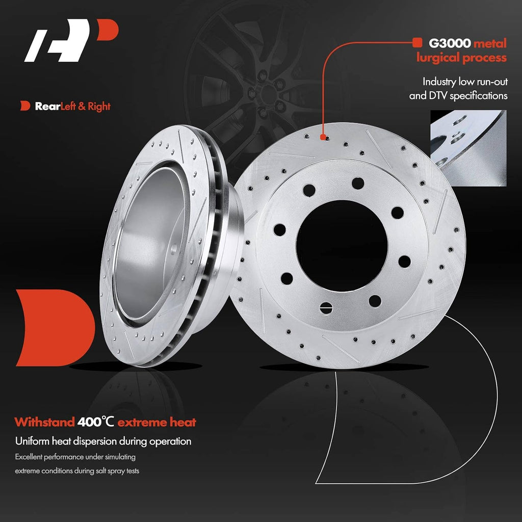 A-Premium Front and Rear Drilled and Slotted Disc Brake Rotors + Ceramic Pads Kit Compatible with Select Chevy, GMC and Hummer Models - Silverado/Sierra 1500/2500 HD, Suburban 2500, H2, Yukon XL 2500