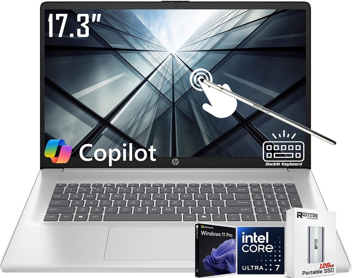HP 17.3 inch Touchscreen Laptop, HD+ BrightView Display, Intel Ultra 7 255U 12-Core(Beat Core 7 150U),16GB DDR5, 1TB SSD, Copilot AI, Backlit KB, Long Battery, Win11 Pro, w/128GB External SSD&Stylus