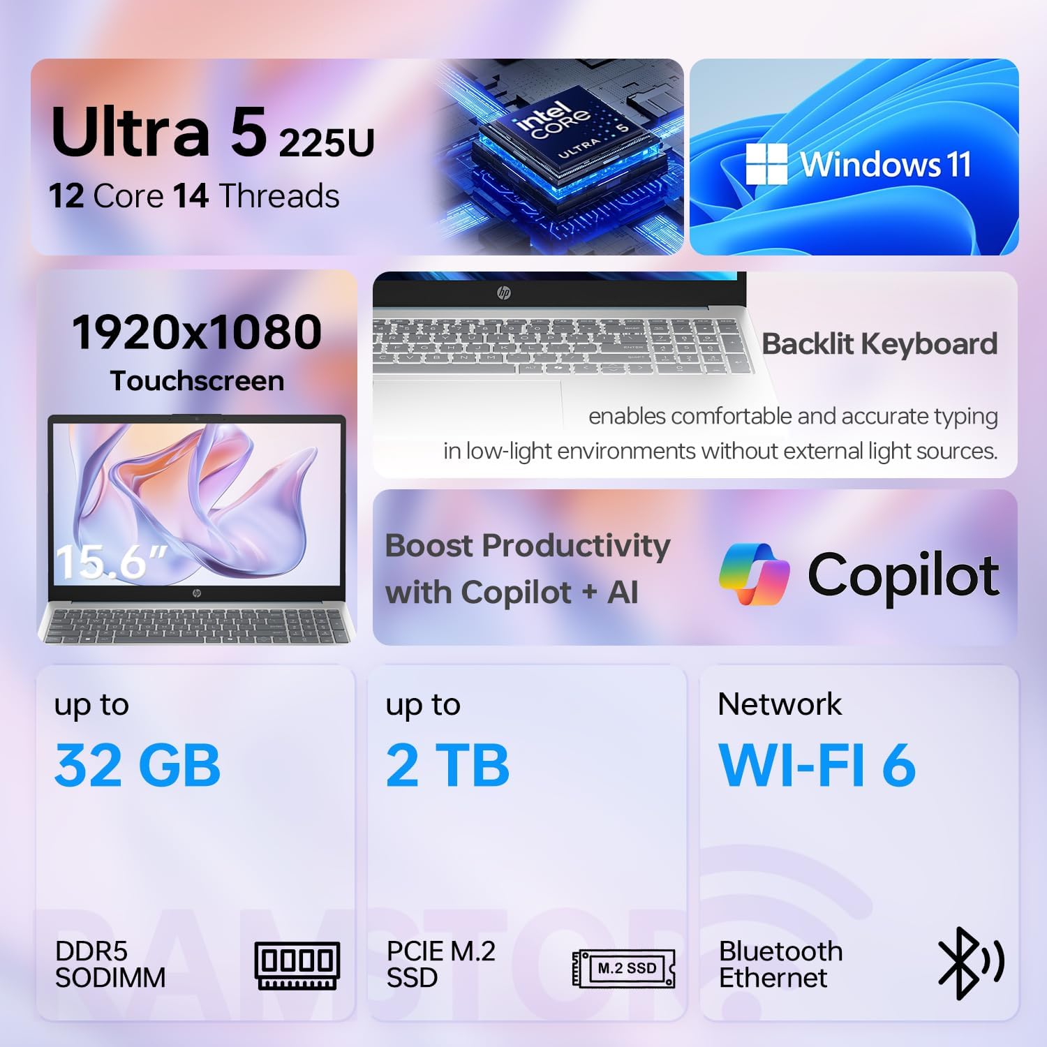 HP Essential 15.6' FHD Touchscreen Laptop, Intel Core Ultra 5 225U, 32GB DDR5 RAM, 1TB SSD, Wi-Fi 6, Windows 11 Home, Backlit Keyboard, Webcam, Copilot AI Ready, Blue, Bundle with PCO Laptop Cooler