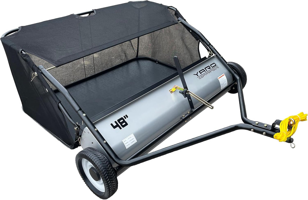Yard Commander - 48-Inch Tow-Behind Lawn Sweeper, 10' Nylon Brushes, Universal Tractor/ATV Hitch, Never-Flat Wheels, Adjustable Height, 1-Year Warranty, Ideal for Leaves, Grass & Debris