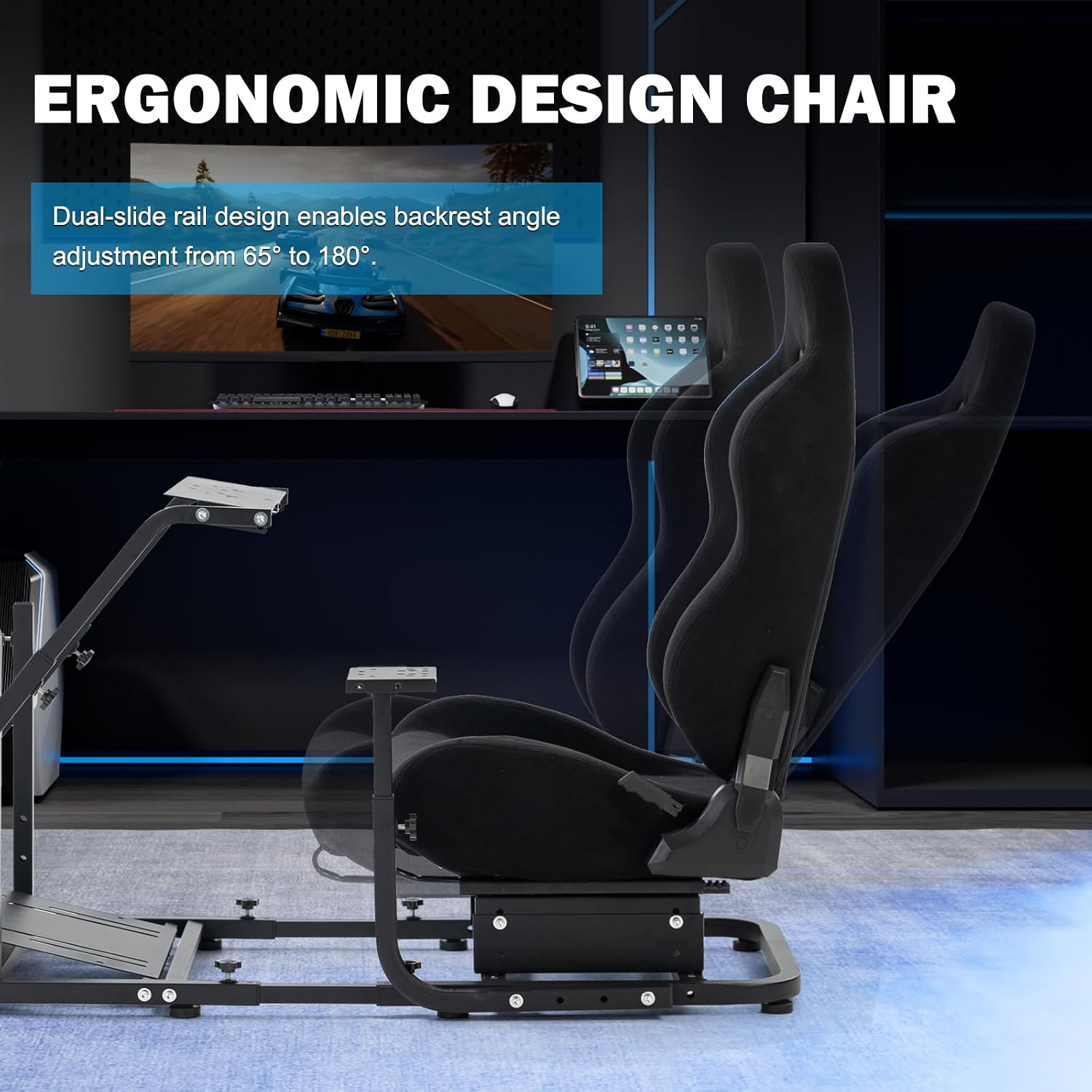 Anman Sim Racing Simulator Cockpit Black Seat with Visualizer Monitor Stand Fit for Logitech G25 G27 G29 G920 G923, for Thrustmaster T300RS TX, for Fanatec,Excluding Electronic Devices