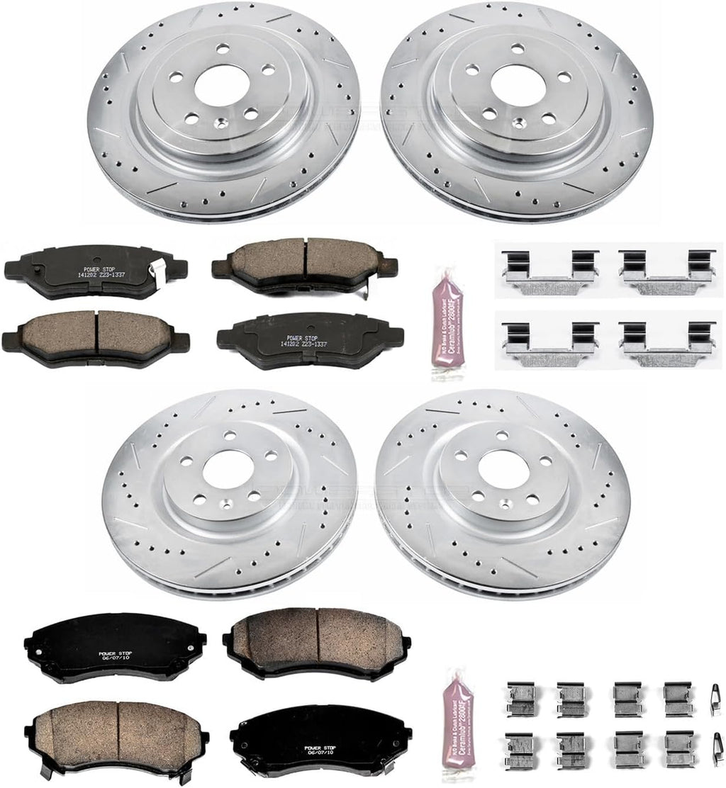 PowerStop Front and Rear Brake Kit for Cadillac CTS 2008-14 - Drilled and Slotted Disc Rotors with Carbon-Fiber Ceramic Brake Pads Replacement, K4135
