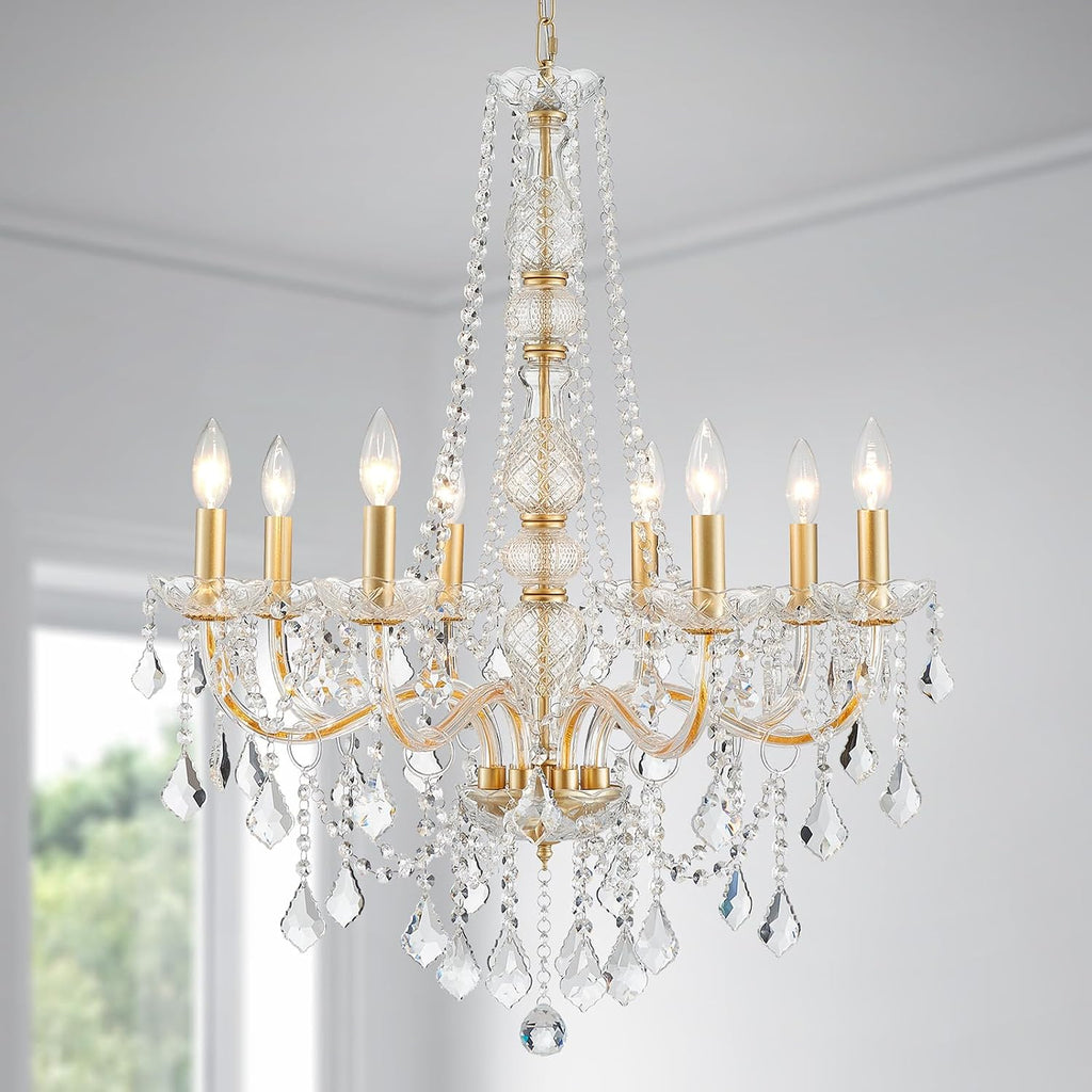 WUZUPS 8-Light Crystal Candle Chandelier Pendant Ceiling Light Modern Lighting Fixture for Bedroom Hallway Bar Kitchen Bathroom, H 35.4' W 27.6', E12 Base, Gold