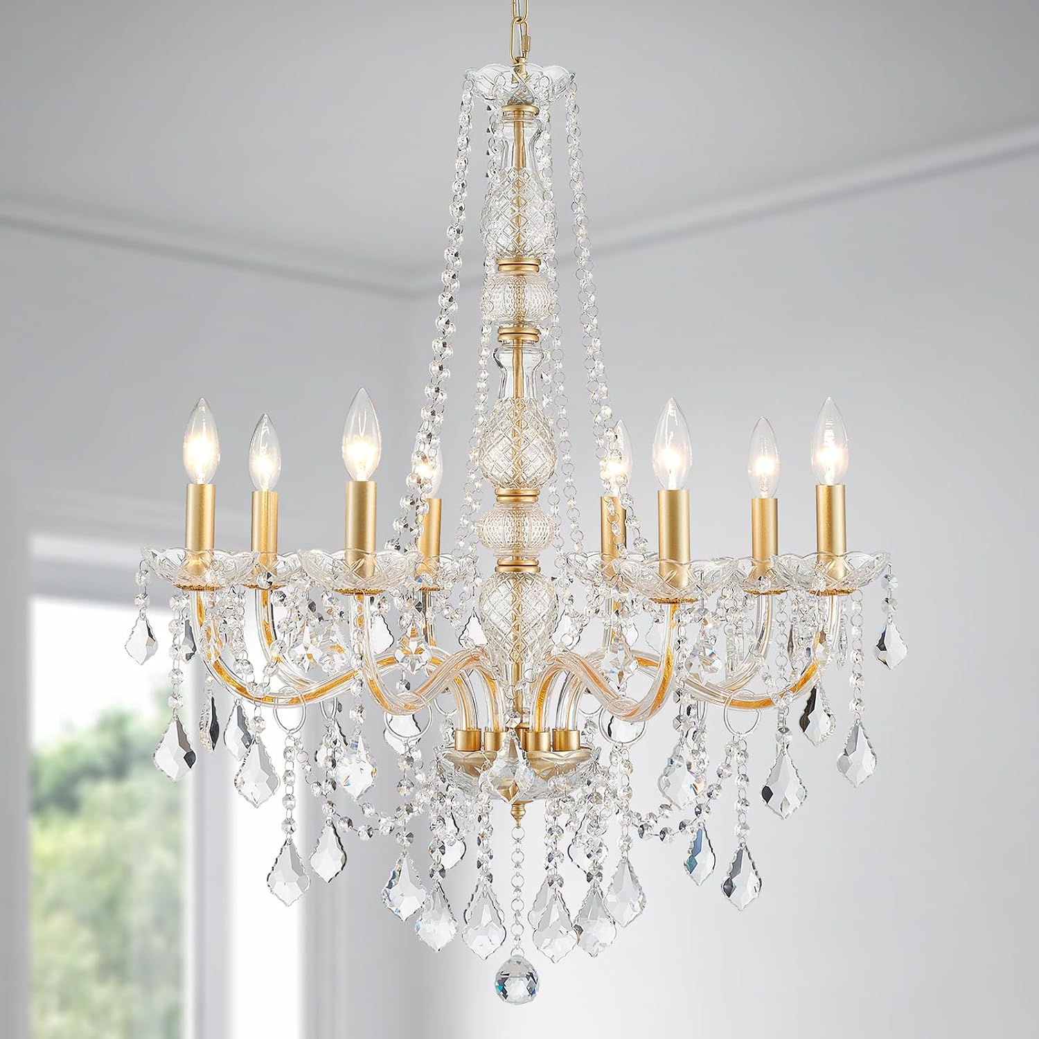 WUZUPS 8-Light Crystal Candle Chandelier Pendant Ceiling Light Modern Lighting Fixture for Bedroom Hallway Bar Kitchen Bathroom, H 35.4' W 27.6', E12 Base, Gold