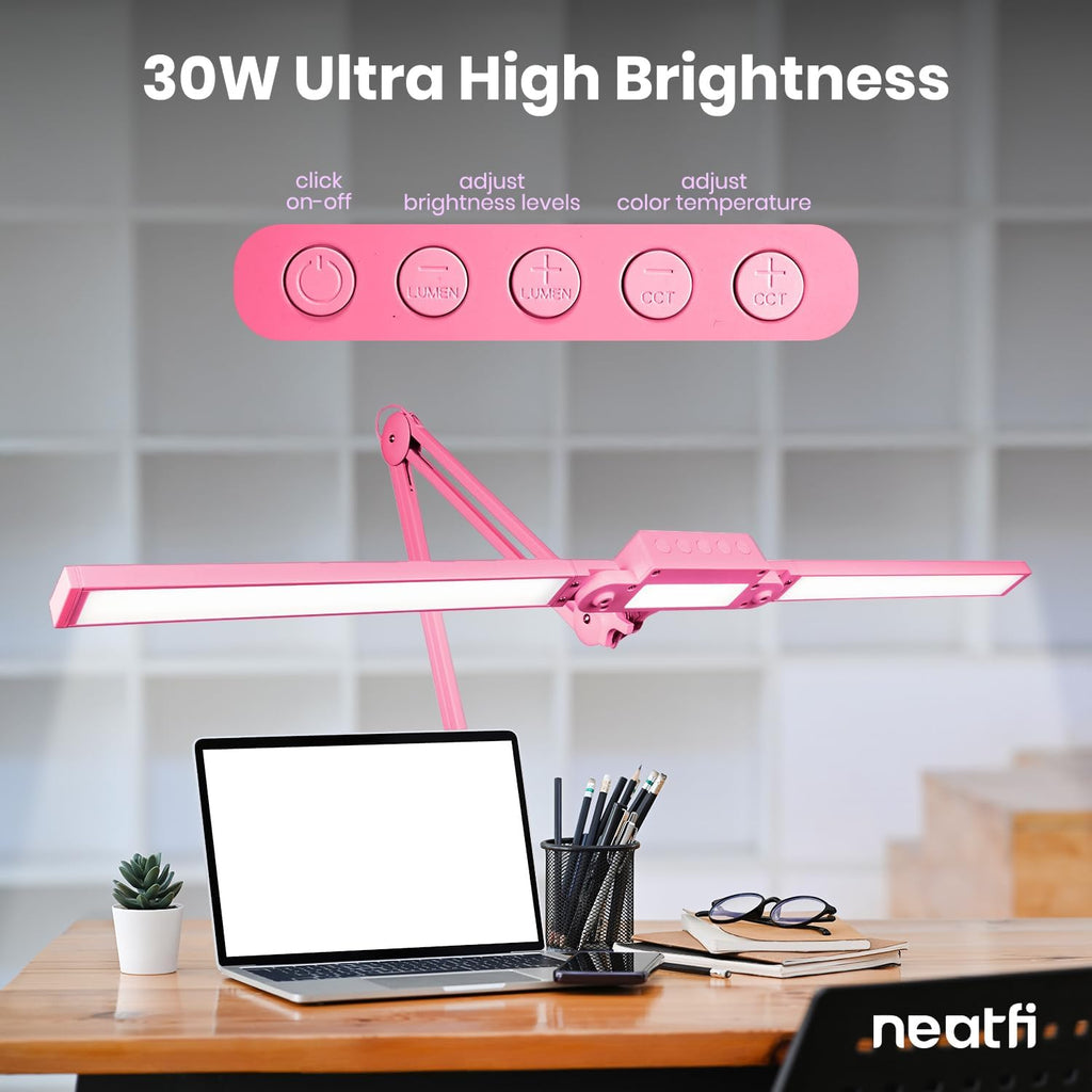 Neatfi LED Desk Lamp | 3,000 Lumens | Dimmable 30W Desk Light | 360 SMD LEDs | CRI 95 | Adjustable Color Temperature | Task Lamp for Home, Office, or Workbench (Pink, 41-Inch, CCT with Clamp)