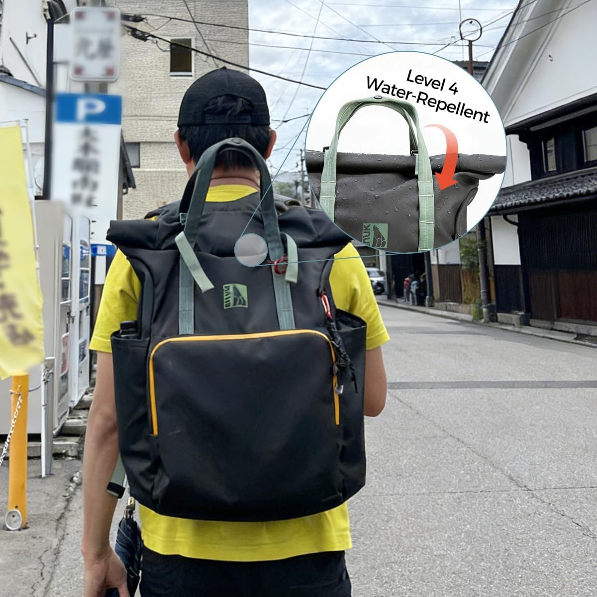 INUK Roll Top Backpack with Laptop Compartment, Gray with Mint Green Handles and Yellow Zipper Trim, Travel and Work Bag