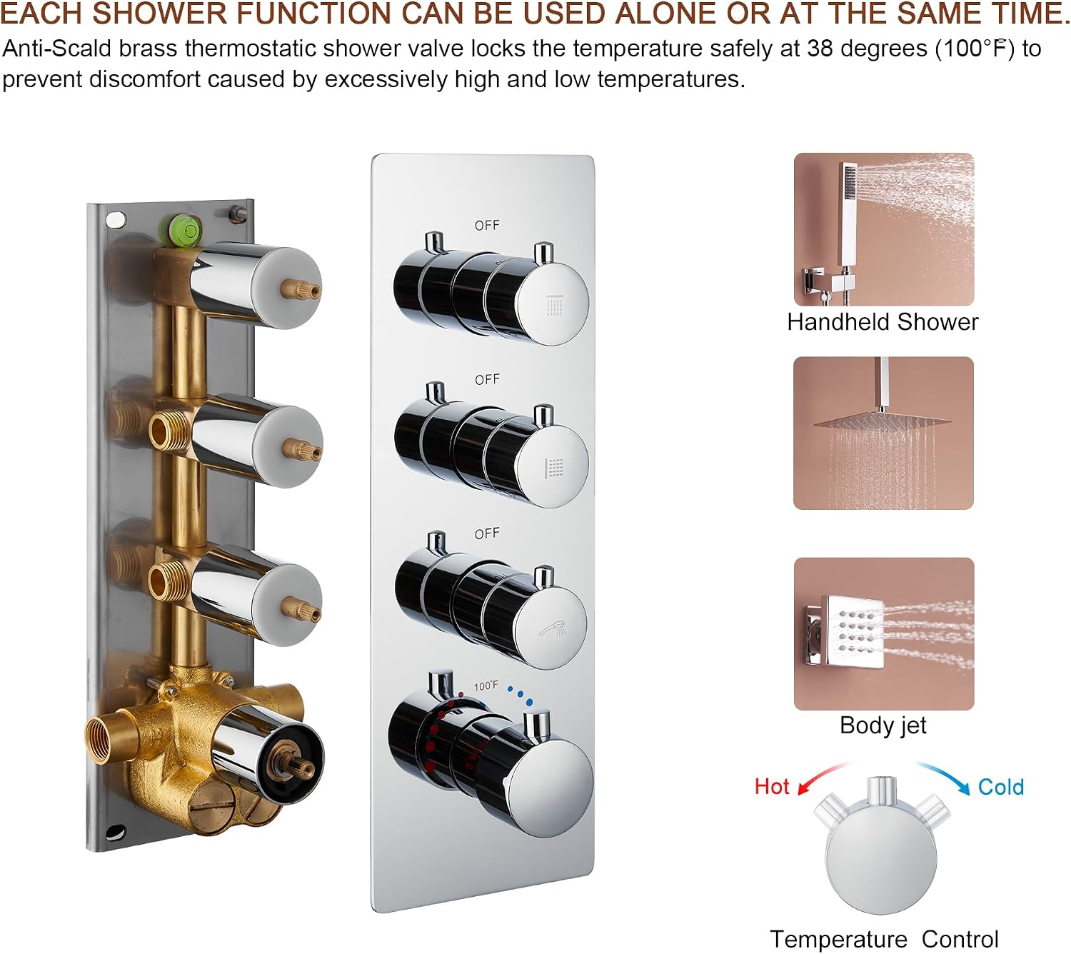 MONDAWE 12 In Thermostatic Shower System, Ceiling Mounted High Pressure Shower Head with Handheld,6 Body Jets, Bathroom Shower Faucet Set in Chrome