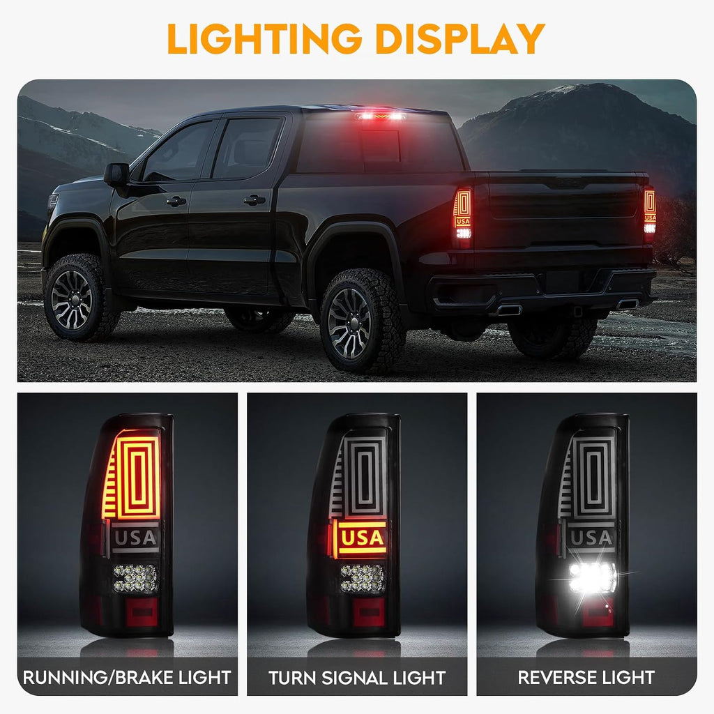 LED Tail Light + 3rd Third Brake Light Kit Fit for Chevy Silverado 1500 2500 HD 1999-2002, for GMC Sierra 1500 2500 HD Fleetside 1999-2003, Driver and Passenger Side Taillights, Smoke Lens