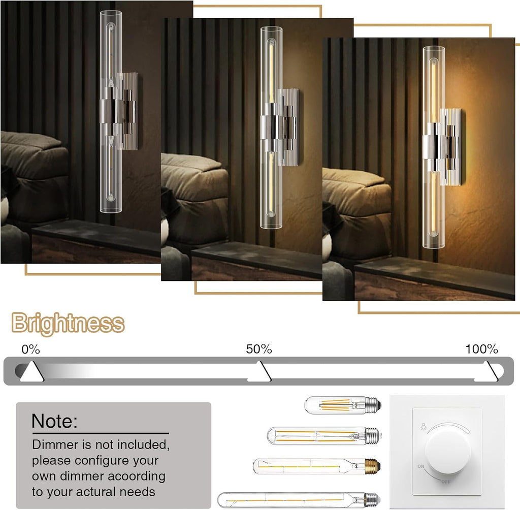 YUYI Nickel Wall Sconces Set of Two, 22.8'' Indoor Sconces Wall Decor Set of 2 with Clear Glass Shade, Bathroom Vanity Wall Lights for Bathroom Living Room Bedroom Hallway Fireplace Staircase
