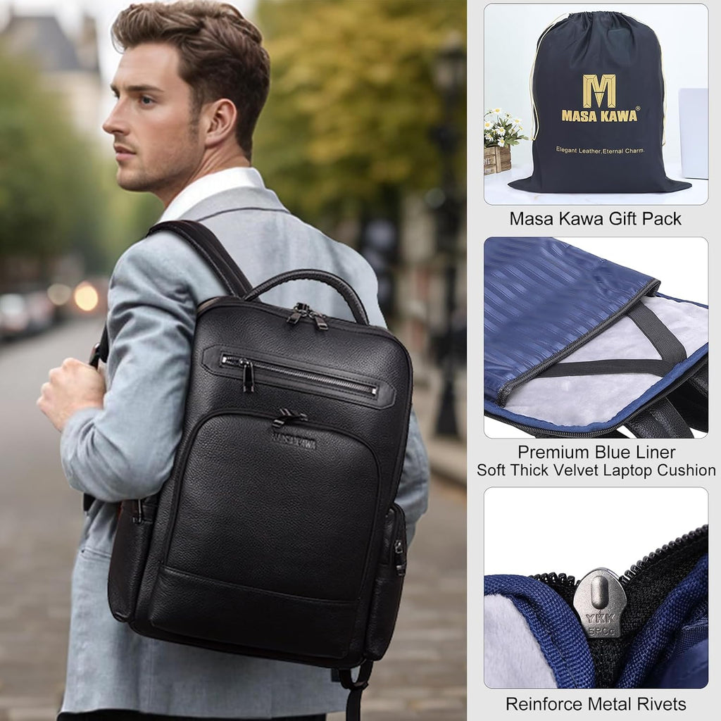 Masa Kawa Black Leather Business Travel Laptop Backpack for Men Fits 15.6' 16' Computer Office Work Commuting Executive Bag Waterproof Daypack