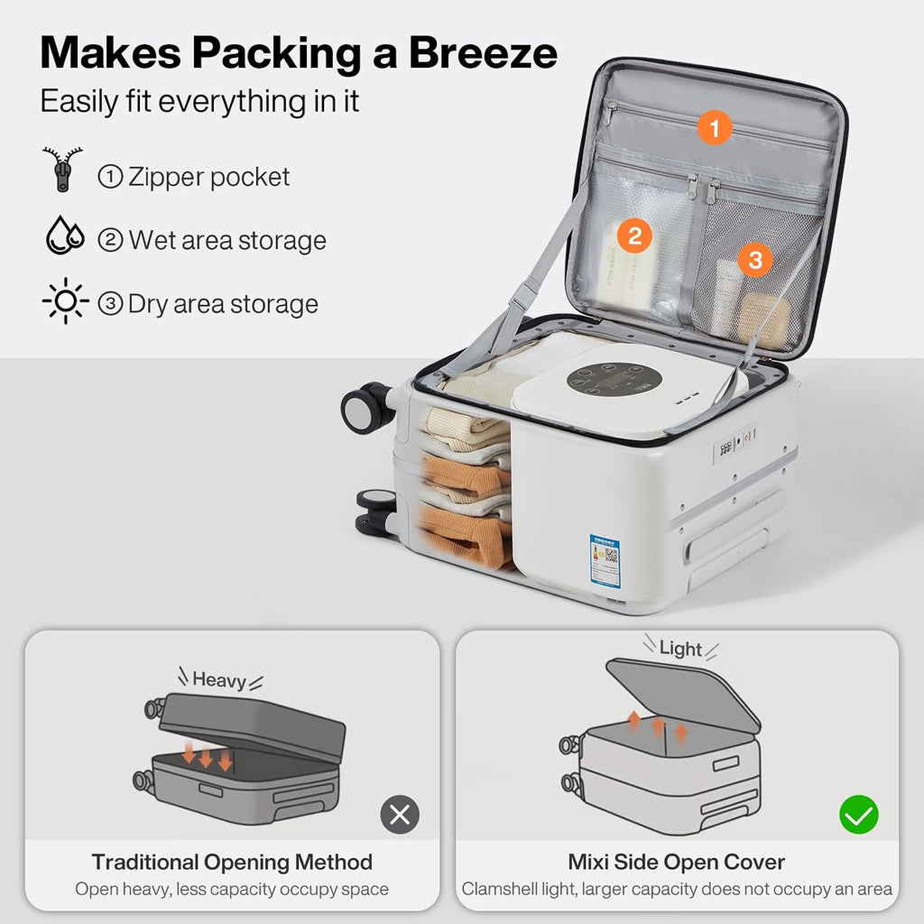 mixi 17x14x9 Carry On Luggage Underseat PC Hard Shell Suitcase Top Opening Aluminum Frame Travel Suitcases with Wheels, Smoke White