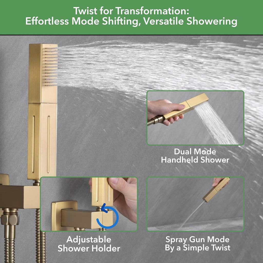 VANFOXLE Shower Faucet Set Brushed Gold Shower System, Four Modes Shower Faucet with 2 in 1 Handheld, Ceiling Mount 12 Inch Shower Head with 14 * 7 Inch Shoulder-Mounted Shower Massager