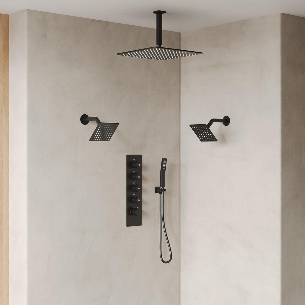 Thermostatic Shower system, 16, 6 in. Bathroom Shower Set Wall Mount Dual Shower Head Faucet in Matte Black