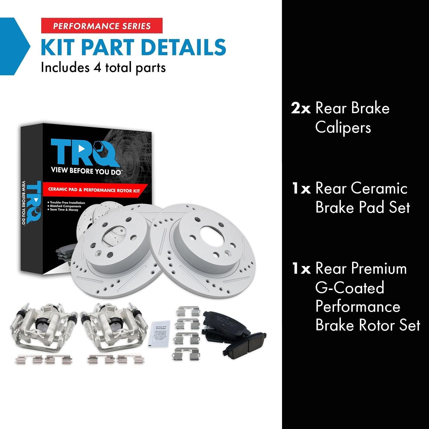 TRQ Performance Rear Brake Pad and Rotor Set Ceramic Solid G Coated Rotors Calipers Compatible with 2011-2015 Chevrolet Cruze 2016 Cruze Limited