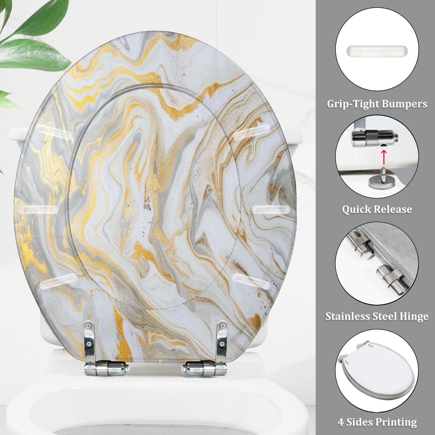 Round Toilet Seat marble ink paper texture white silver gold Resin Toilet Seat Quietly Close Quick Release Hinges Decorative Toilet Seat with Cover Easy to Install, Style 2