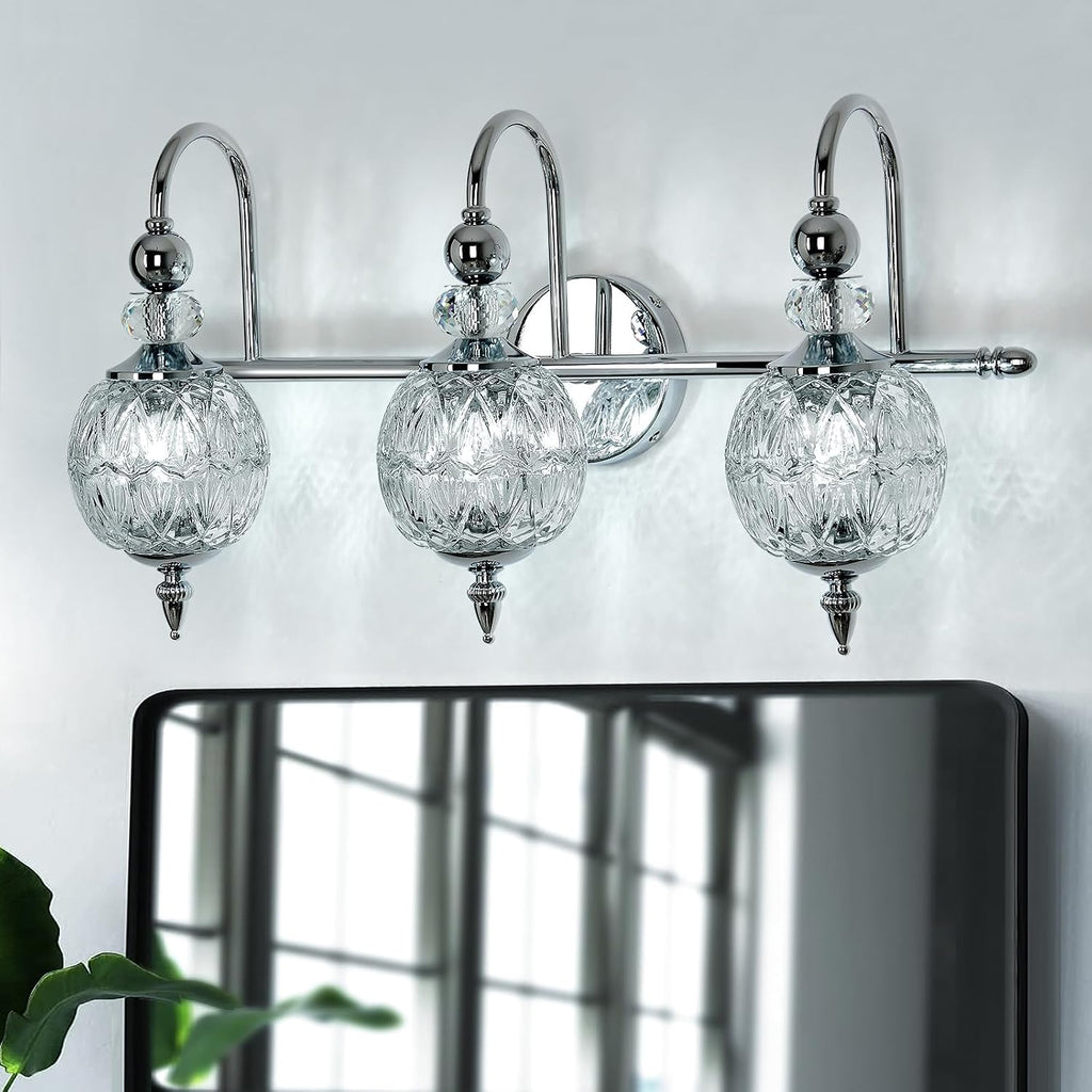 Piepooye Modern Bathroom Light Fixtures Polished Chrome Vanity Light with Glass Globe LampShade 3 Lights Mid Century G9 Bulb Wall Sconce Indoor Vanity Light Over Mirror for Bedroom Kitchen Hallway