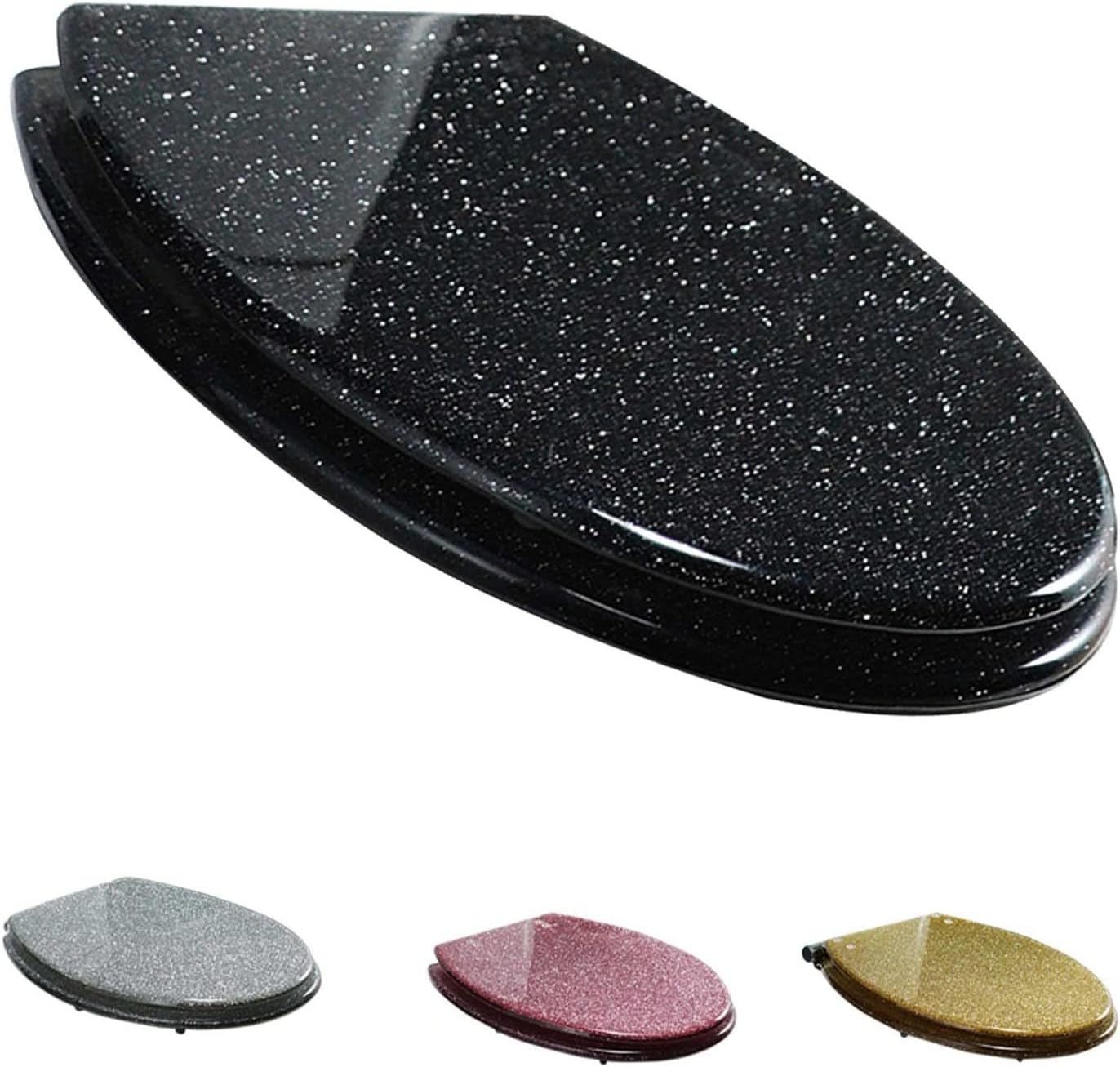 Glitter Soft Close Toilet Seat with Quick Release, 360° Adjustable Hinges, Oval Design, Easy to Install and Clean - Gold/Silver/Black