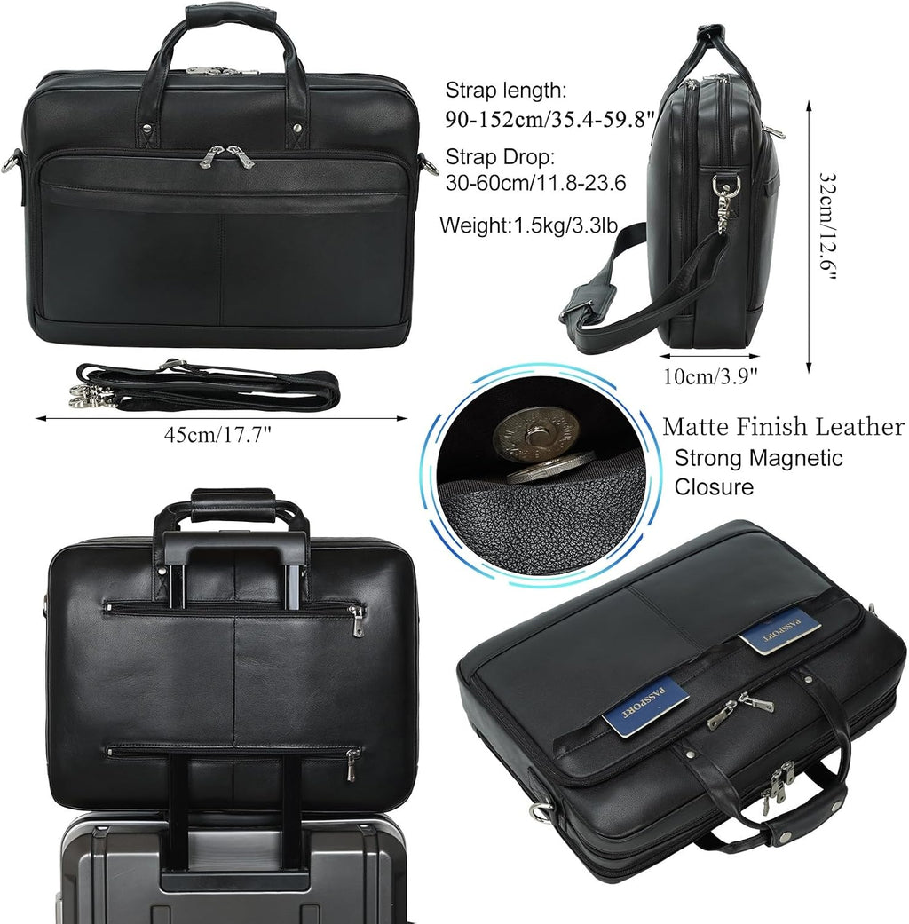 Masa Kawa Leather Briefcase for Men 17/15.6' Laptop Crossbody Shoulder Messenger Bag Business Travel Work Attache Case