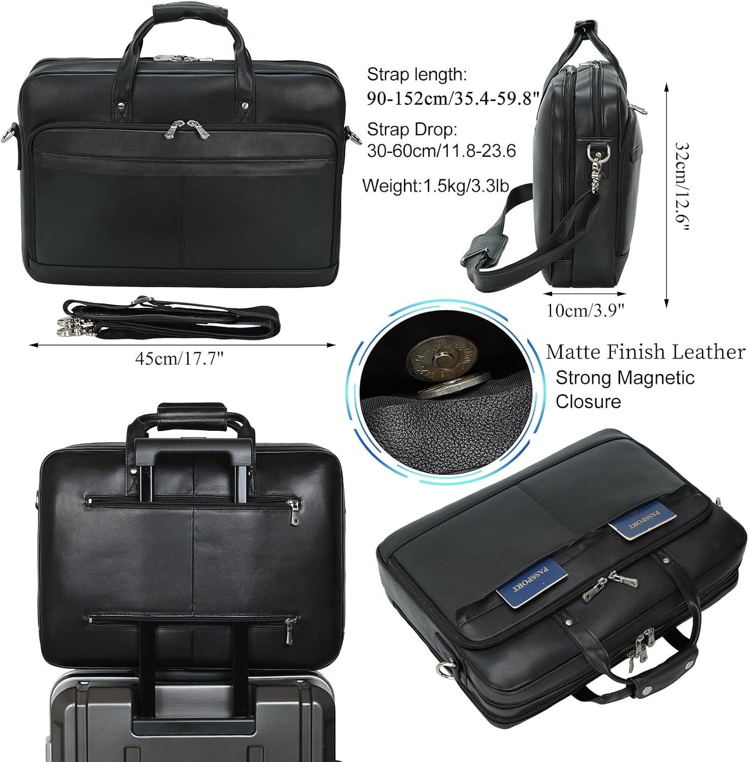 Masa Kawa Leather Briefcase for Men 17/15.6' Laptop Crossbody Shoulder Messenger Bag Business Travel Work Attache Case