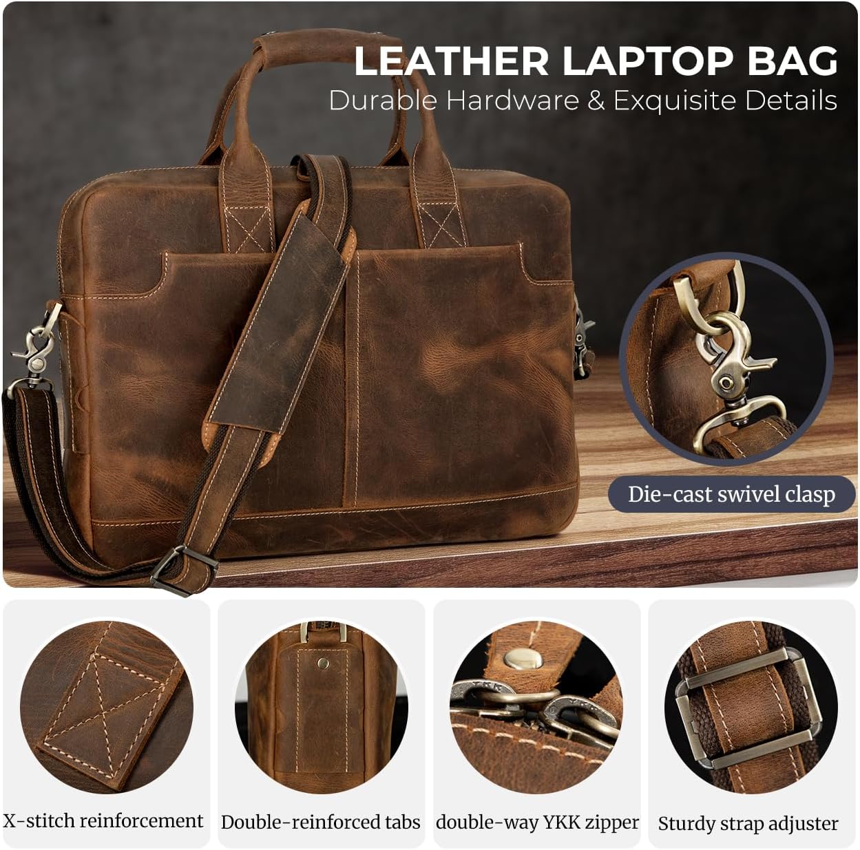 Augus Vintage Leather Briefcase for Men 15.6 Inch Laptop Computer Bag Retro Messenger Crossbody Shoulder Bag | Vintage Leather