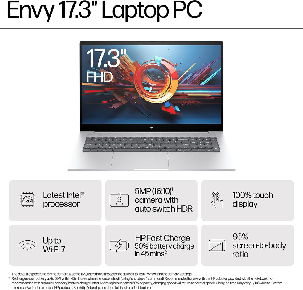 HP Envy Business Laptop Computer - 17.3' FHD Touchscreen Display | Intel Ultra 7 155H(Up to 4.8GHz) | Wi-Fi 7 | Copilot AI | Backlit Keyboard | Windows 11 Pro(64GB RAM, 2TB SSD)