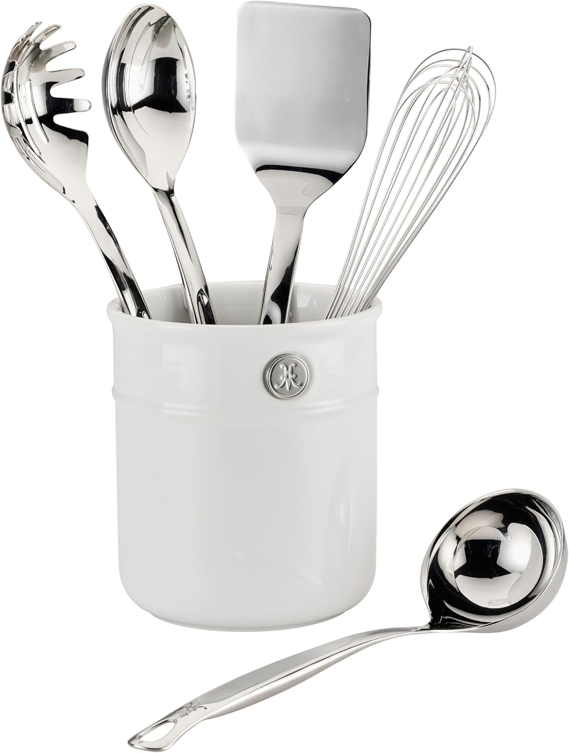 Hestan Provisions Chef's Tools, Deluxe Tool Set (6-Piece) with Porcelain Holder/Bain Marie & Stainless Steel: Solid Spoon, Ladle, Pasta Fork, Turner/Spatula, French Whisk