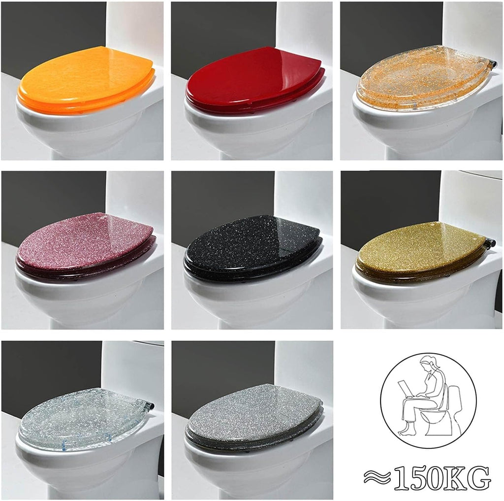 Glitter Toilet Seat Oval 36 * 42Cm， Resin Toilet Seat with Quietly Close and Quick Release Hinges， Top Fixing Easy to Install and Easy to Clean，Silver，Gold