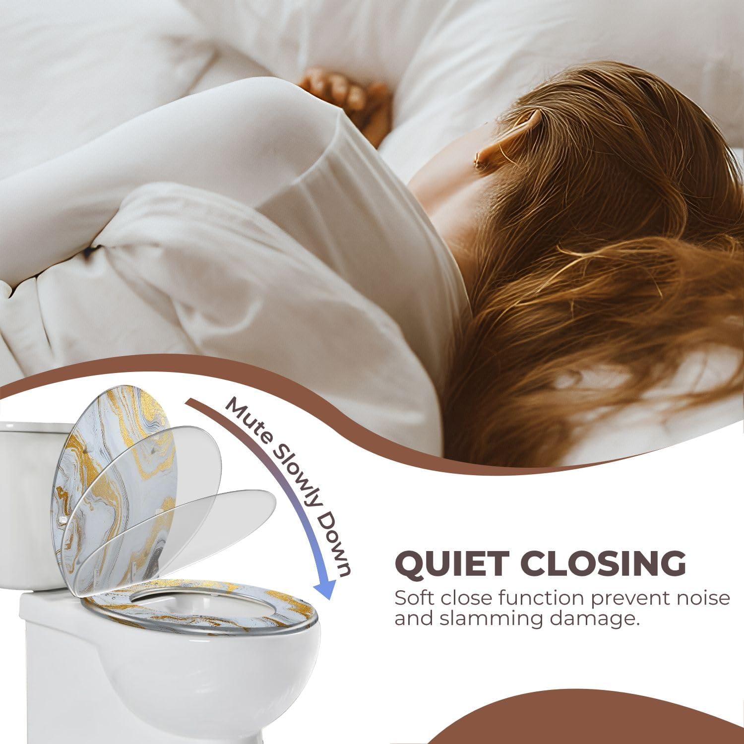 Round Toilet Seat marble ink paper texture white silver gold Resin Colored Toilet Seat Quick Release Hinges with Cover Easy to Install Decorative for Bathroom