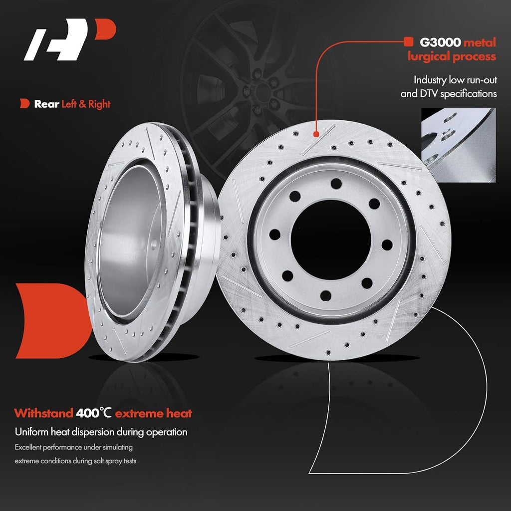 A-Premium 12.99 in(330mm) Rear Drilled and Slotted Disc Brake Rotors + Ceramic Pads Kit Compatible with Select Chevy, GMC and Hummer - Silverado 1500 HD, Suburban, Sierra 1500, Yukon XL 2500, H2