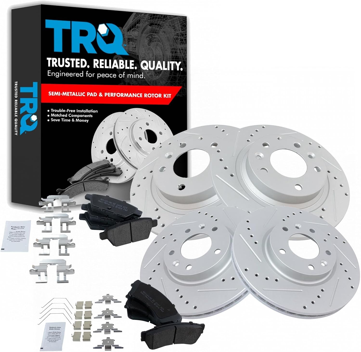 TRQ Performance Front and Rear Semi Metallic Brake Pad and Rotor Set Drilled Slotted Coated Compatible with 2006-2012 Ford Fusion 2007-2012 Lincoln MKZ 2006 Lincoln Zephyr 2006-2011 Mercury Milan