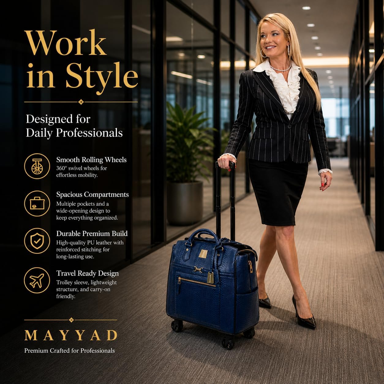 Rolling Laptop Bag for Women with Wheels & Handle Luxury Pure Leather Embossed Work Bag with Laptop Sleeve Travel Briefcase
