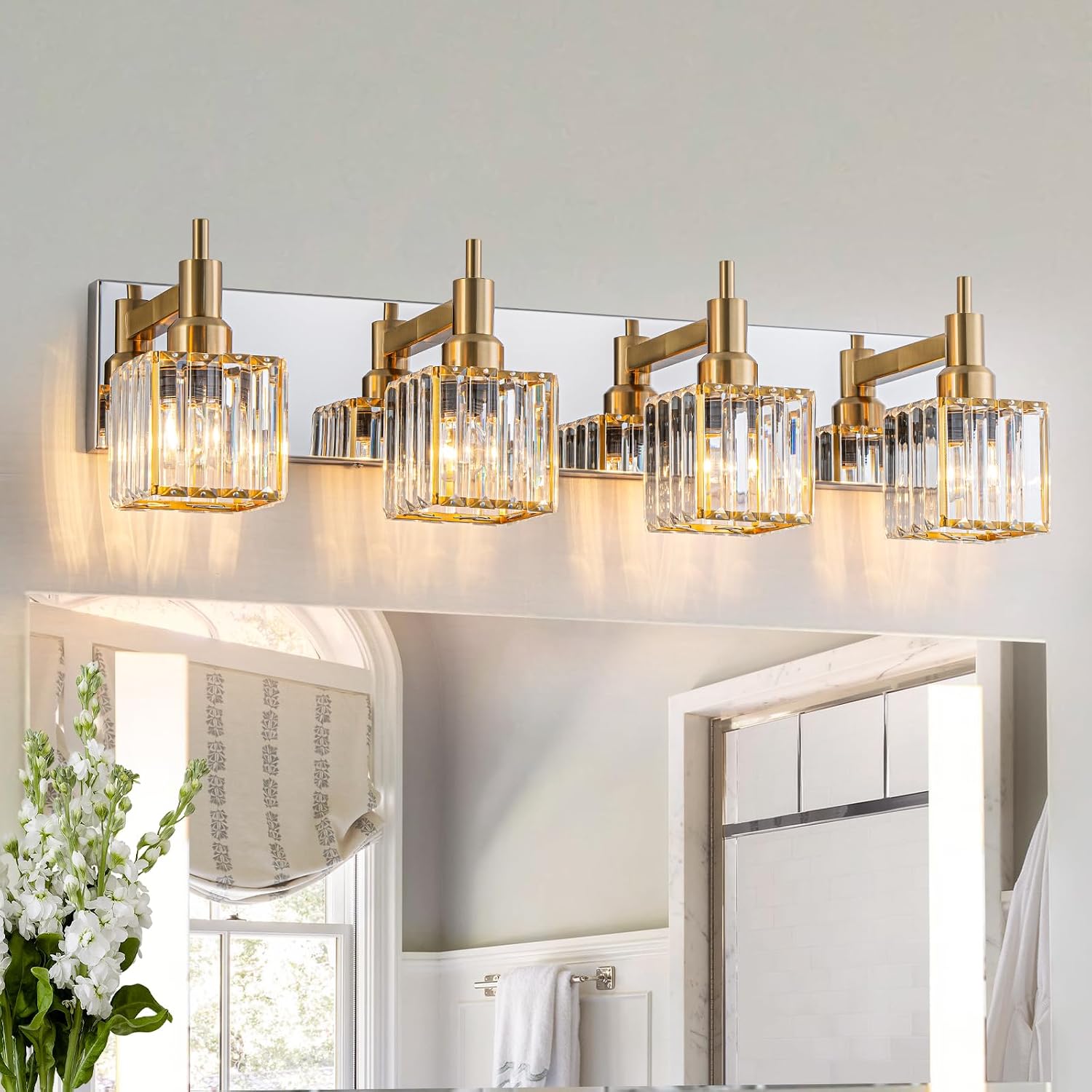 Crystal Bathroom Light Gold Chrome 4-Light Modern Bathroom Vanity Fixtures Over Mirror Square Crystal Wall Sconce