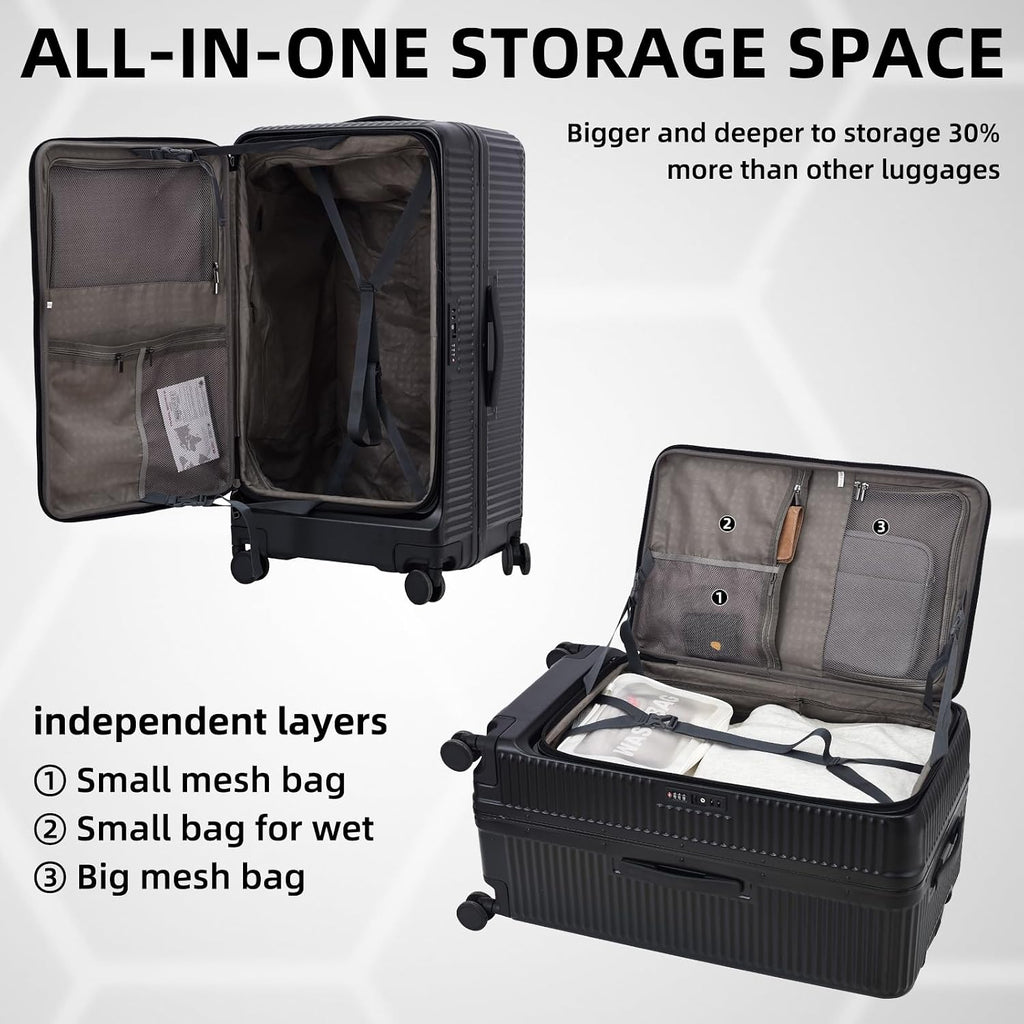 Kaleenie 29 Inch Aluminum Checked Luggage with Side Opening Zipper, 40 * 37 * 77cm, 113L, Lightweight Hardshell ABS+PC Suitcase with TSA Lock, 360° Universal Wheels, Black