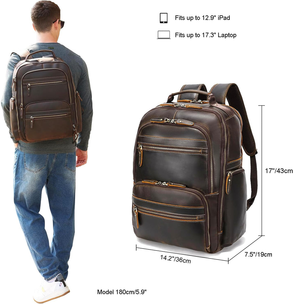LANNSYNE Vintage Mens Full Grain Leather Backpack Fits 17.3 Inch Laptop, Large Casual Rucksack Shoulder Bag For Travel/Camping/Hiking-Brown