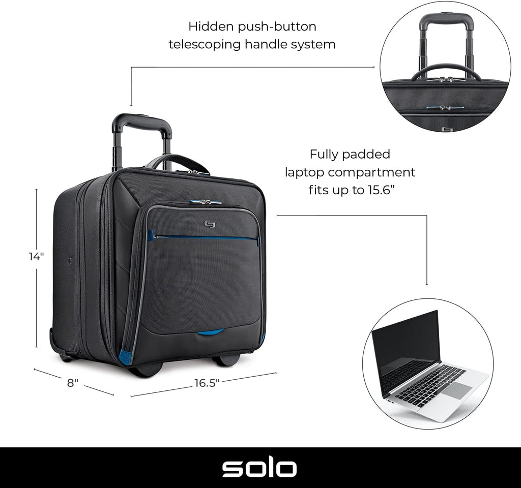 Solo New York Active Rolling Overnight Laptop Bag. Business Travel Rolling Overnighter Case for Women and Men. Fits up to 16 inch laptop - Black, 15' x 16' x 7' (TCC902-4/20)