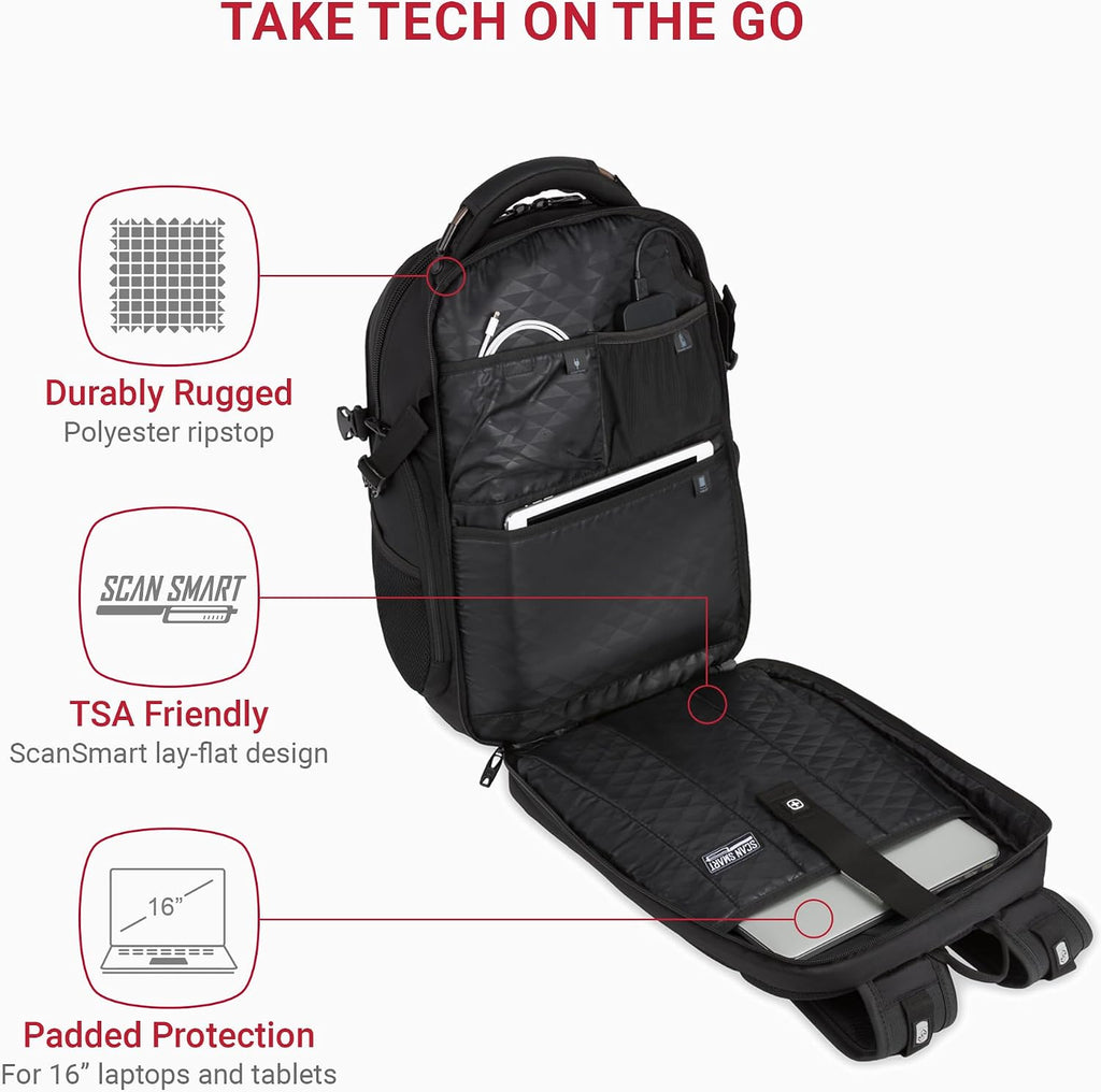 SwissGear Travel Tech Elite Laptop Backpack – Fits Laptops up to 16' – ScanSmart TSA-Friendly Backpack with USB Port, Shoe Compartment & Organizer Pockets – Black