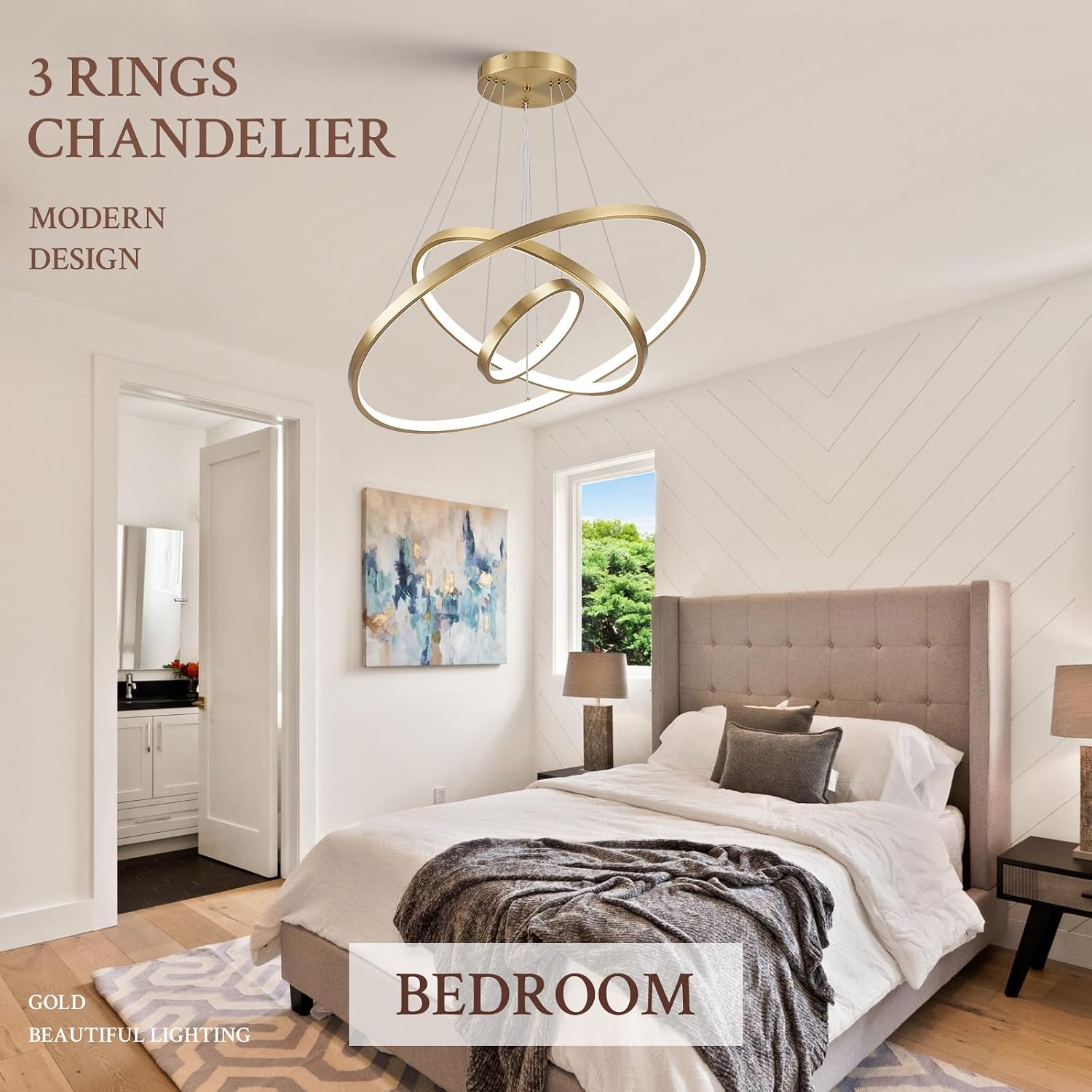 3 Ring Modern LED Chandelier Gold Dimmable Round Chandeliers, LED Circular Pendant Light Fixture with Remote Control for Living Room, Dining Room, Office, Entry, Bedroom