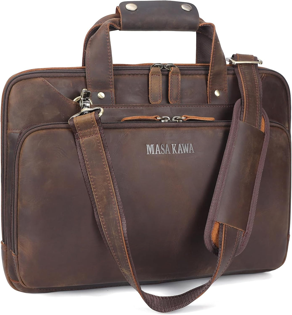 Masa Kawa Leather Laptop Briefcase for Men Fits 15.6' 16' Computer Slim Crossbody Shoulder Messenger Bag Attache Case for Business Work, Vintage Brown