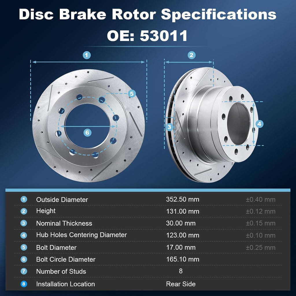Rear Drilled and Slotted Disc Brake Rotors & Ceramic Brake Pads Kit Fit for Dodge 2006-2008 Ram 1500 (8 Lug; Mega Cab Models ONLY), 2003-2008 Ram 2500, 2003-2008 Ram 3500 Fit SRW or DRW